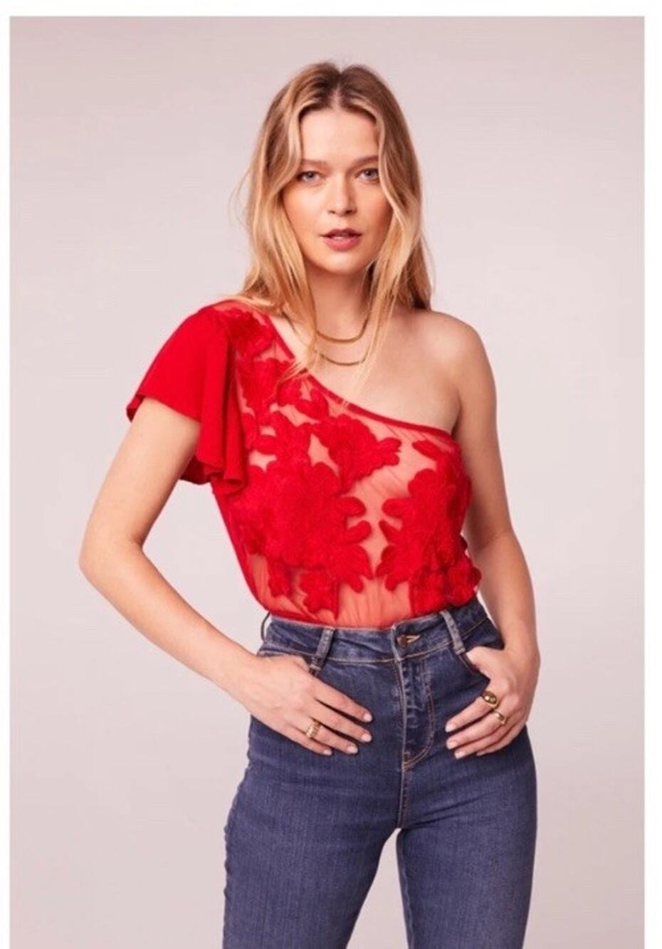 Band of the Free Red Floral Embroidered One Shoulder mesh Bodysuit Women's L